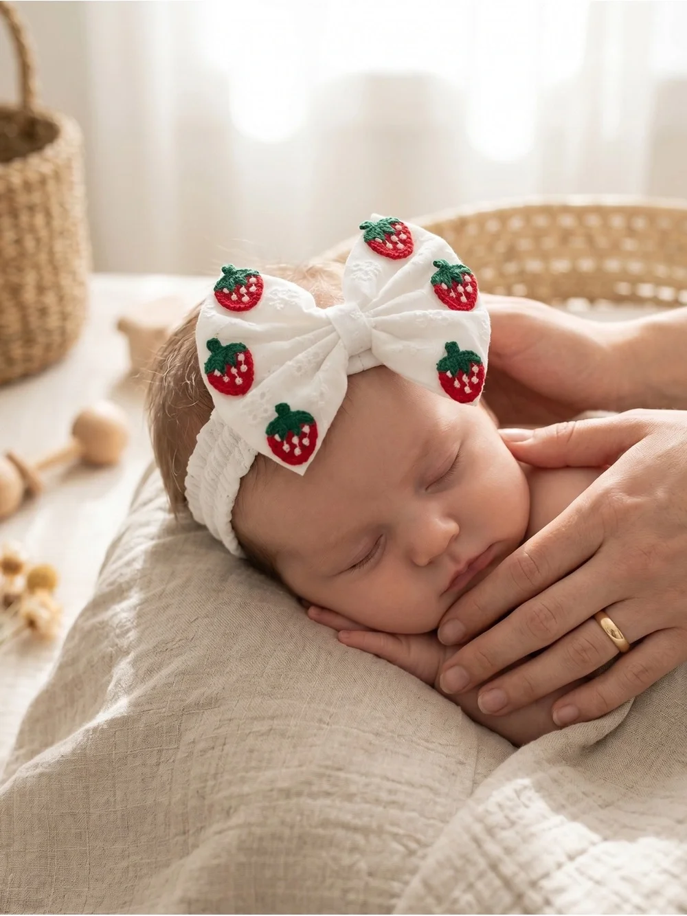 Strawberry Eyelet Lace Baby Bow Headband Newborn Toddler